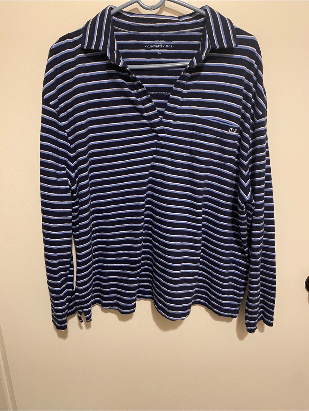 Vineyard Vines Navy and White Striped Long-Sleeve Polo Shirt